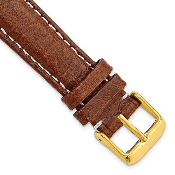 19mm Mahogany Brn Sport Leather White Stitch Gold-tone Buckle Watch Band