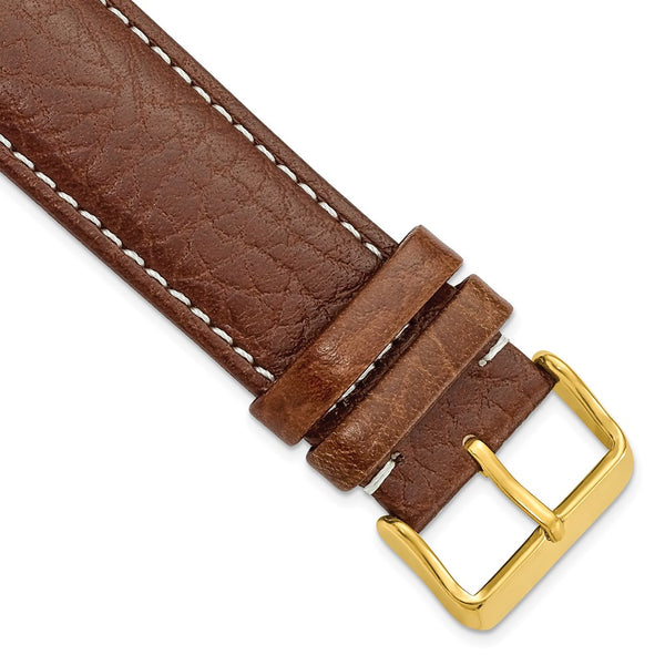 24mm Mahogany Brn Sport Leather White Stitch Gold-tone Buckle Watch Band