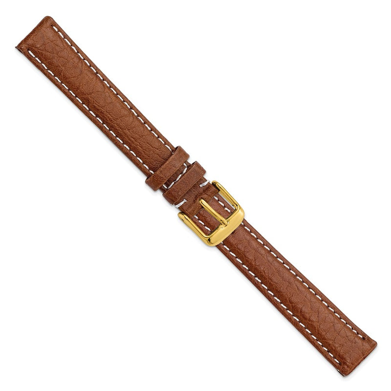 DeBeer 16mm Long Havana Sport Leather with White Stitching and Gold-tone Buckle 8.5 inch Watch Band