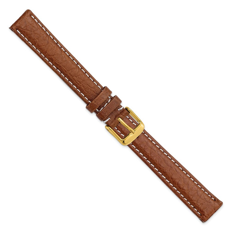 16mm Long Mahogany Brn Sport Leather White Stitch Gld-tone Bkle Watch Band