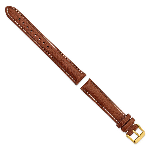 18mm Long Mahogany Brn Sport Leather White Stitch Gld-tone Bkle Watch Band