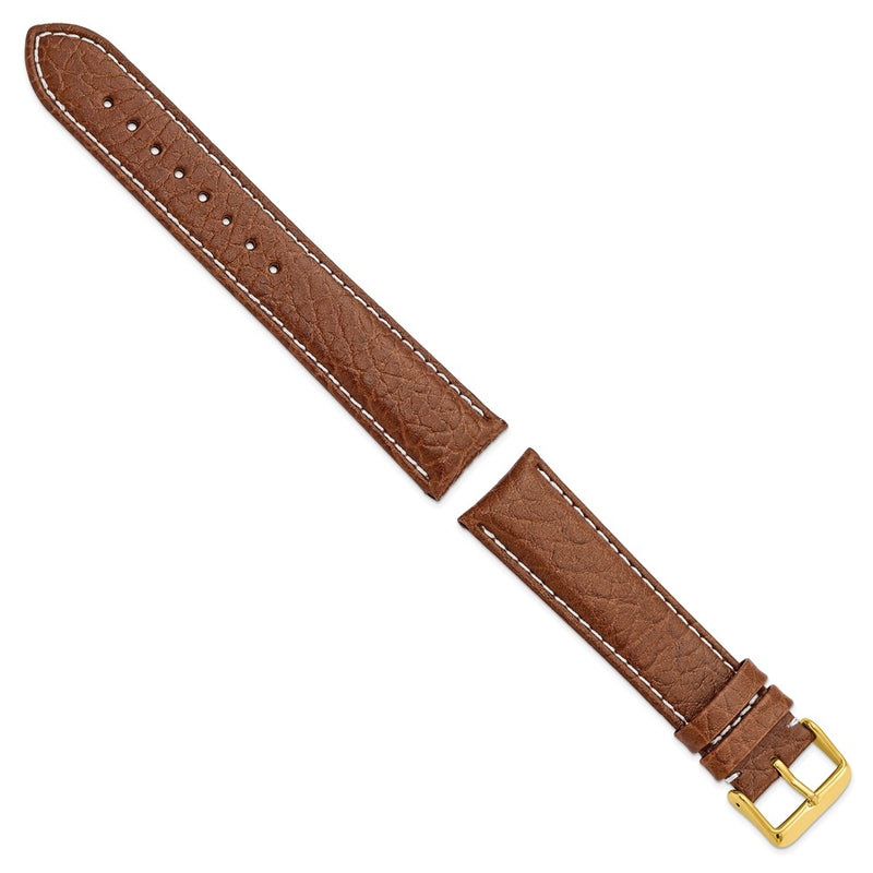22mm Long Mahogany Brn Sport Leather White Stitch Gld-tone Bkle Watch Band