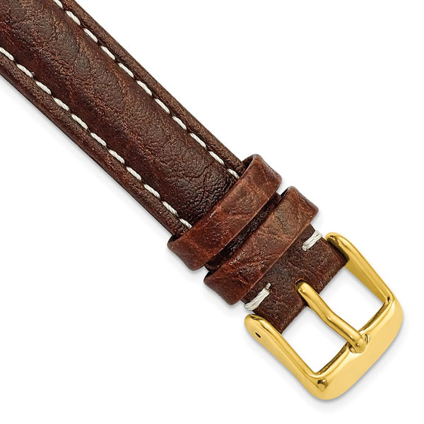 16mm Dark Brown Sport Leather White Stitch Gold-tone Buckle Watch Band