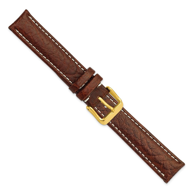DeBeer 17mm Dark Brown Sport Leather with White Stitching and Gold-tone Buckle 7.5 inch Watch Band