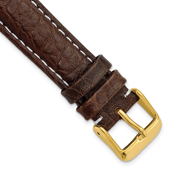 18mm Dark Brown Sport Leather White Stitch Gold-tone Buckle Watch Band