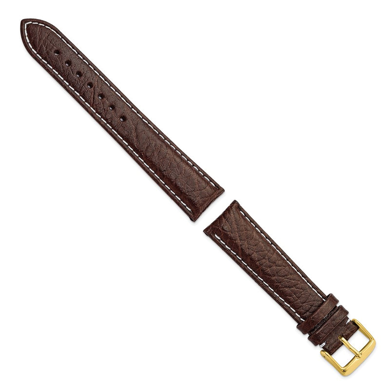 20mm Dark Brown Sport Leather White Stitch Gold-tone Buckle Watch Band