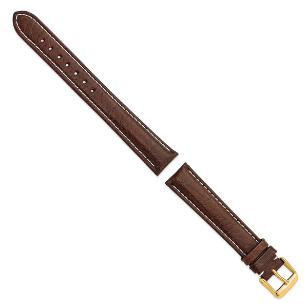 18mm Long Dark Brown Leather White Stitch Gold-tone Buckle Watch Band