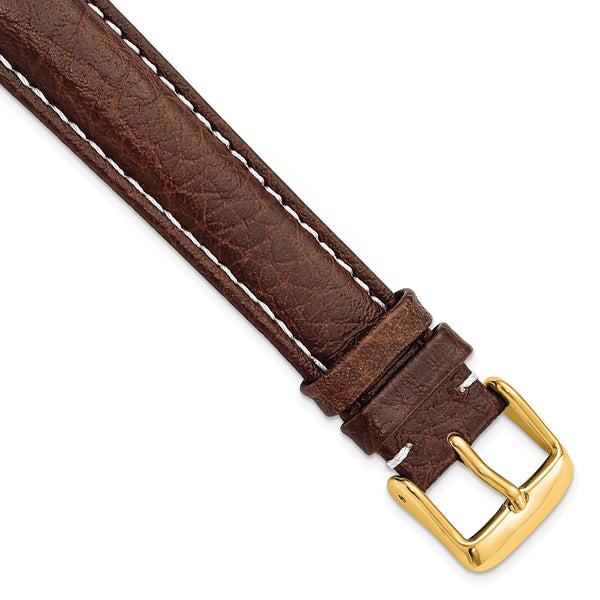 18mm Long Dark Brown Leather White Stitch Gold-tone Buckle Watch Band