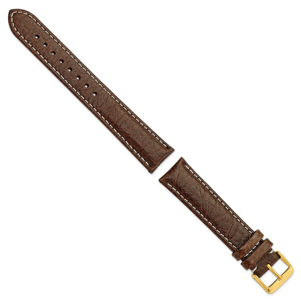 20mm Long Dark Brown Leather White Stitch Gold-tone Buckle Watch Band