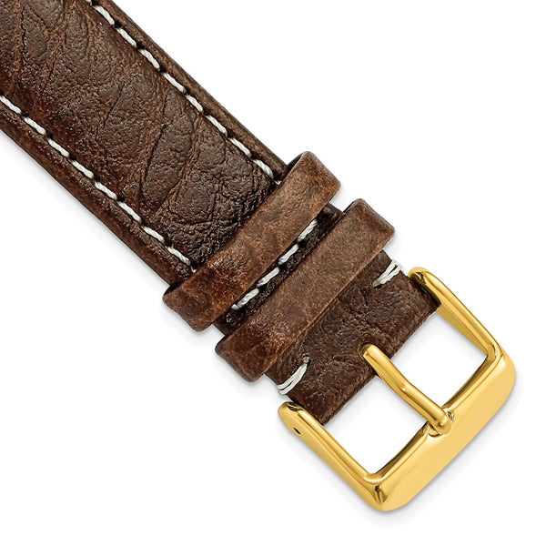 20mm Long Dark Brown Leather White Stitch Gold-tone Buckle Watch Band