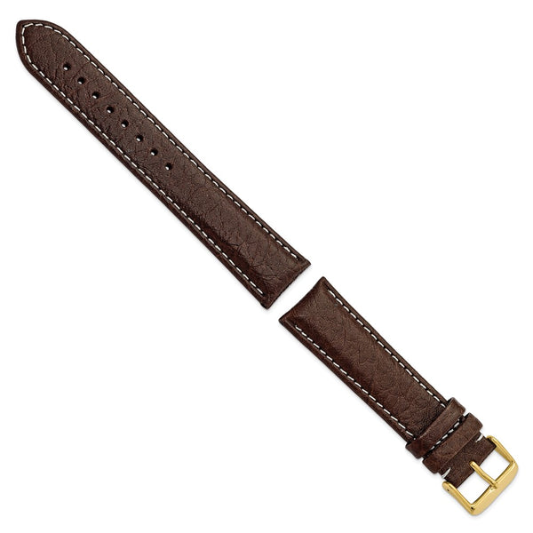 22mm Long Dark Brown Leather White Stitch Gold-tone Buckle Watch Band