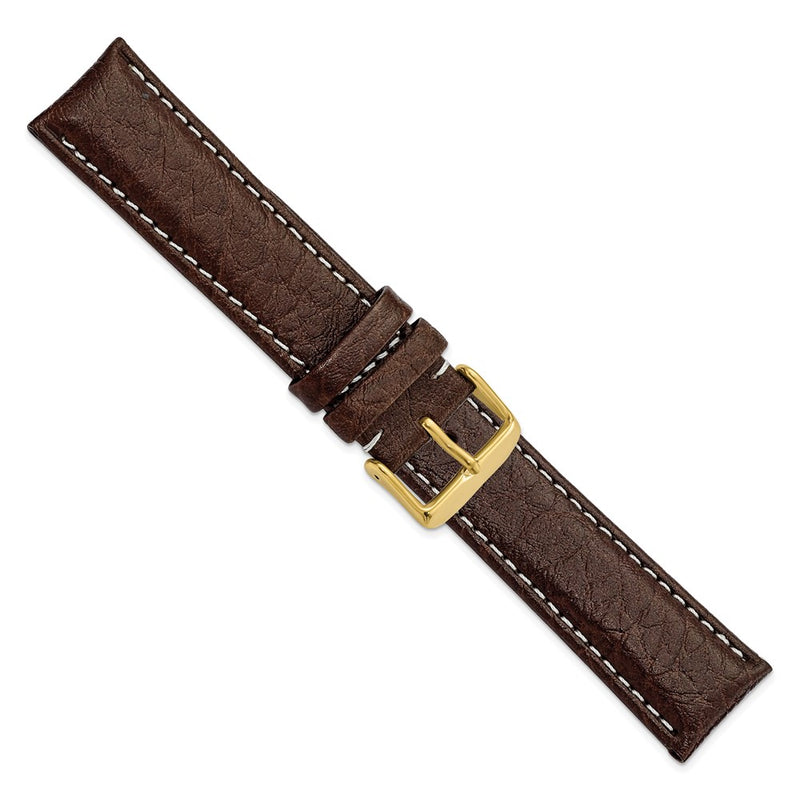 DeBeer 22mm Long Dark Brown Sport Leather with White Stitching and Gold-tone Buckle 8.5 inch Watch Band