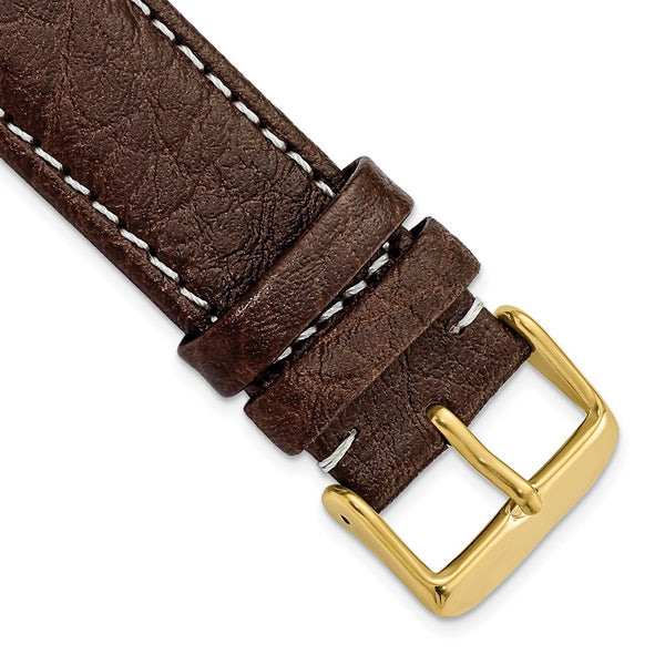 22mm Long Dark Brown Leather White Stitch Gold-tone Buckle Watch Band