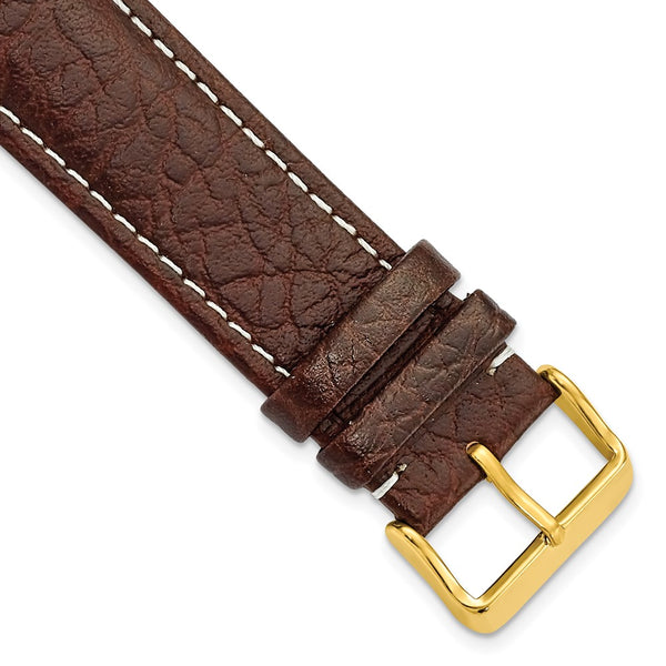 24mm Long Dark Brown Leather White Stitch Gold-tone Buckle Watch Band