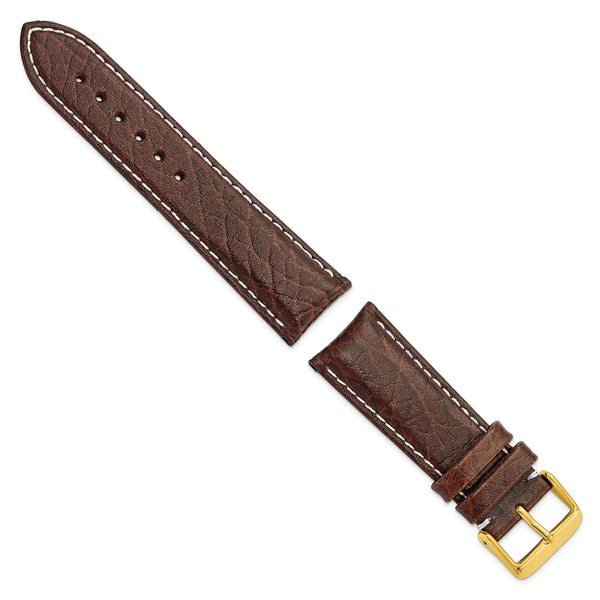 22mm Short Dark Brown Leather White Stitch Gold-tone Buckle Watch Band