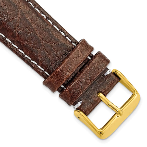 22mm Short Dark Brown Leather White Stitch Gold-tone Buckle Watch Band