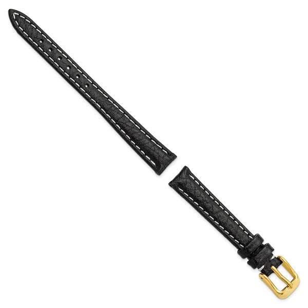 12mm Black Sport Leather White Stitch Gold-tone Buckle Watch Band