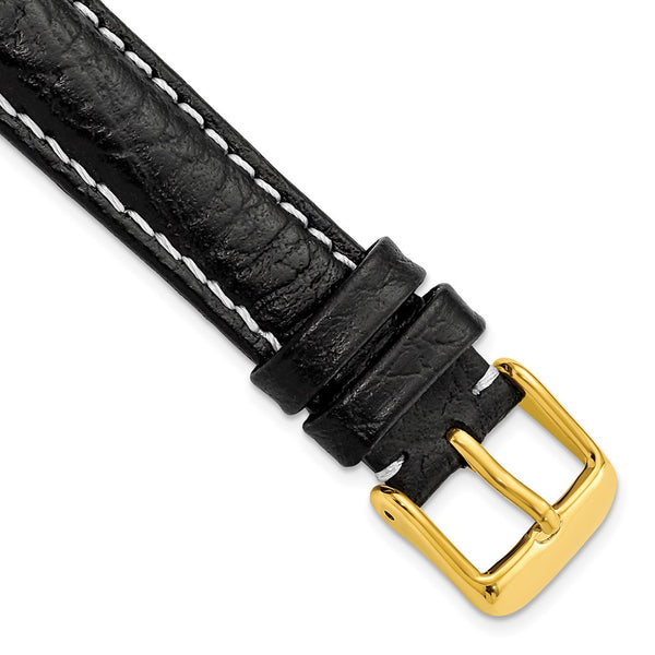 16mm Black Sport Leather White Stitch Gold-tone Buckle Watch Band