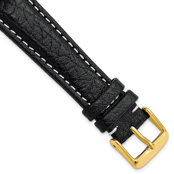 19mm Black Sport Leather White Stitch Gold-tone Buckle Watch Band