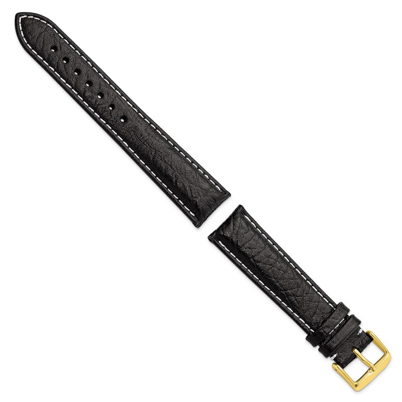 20mm Black Sport Leather White Stitch Gold-tone Buckle Watch Band