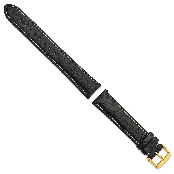 DeBeer 20mm Long Black Sport Leather with White Stitching and Gold-tone Buckle 8.5 inch Watch Band