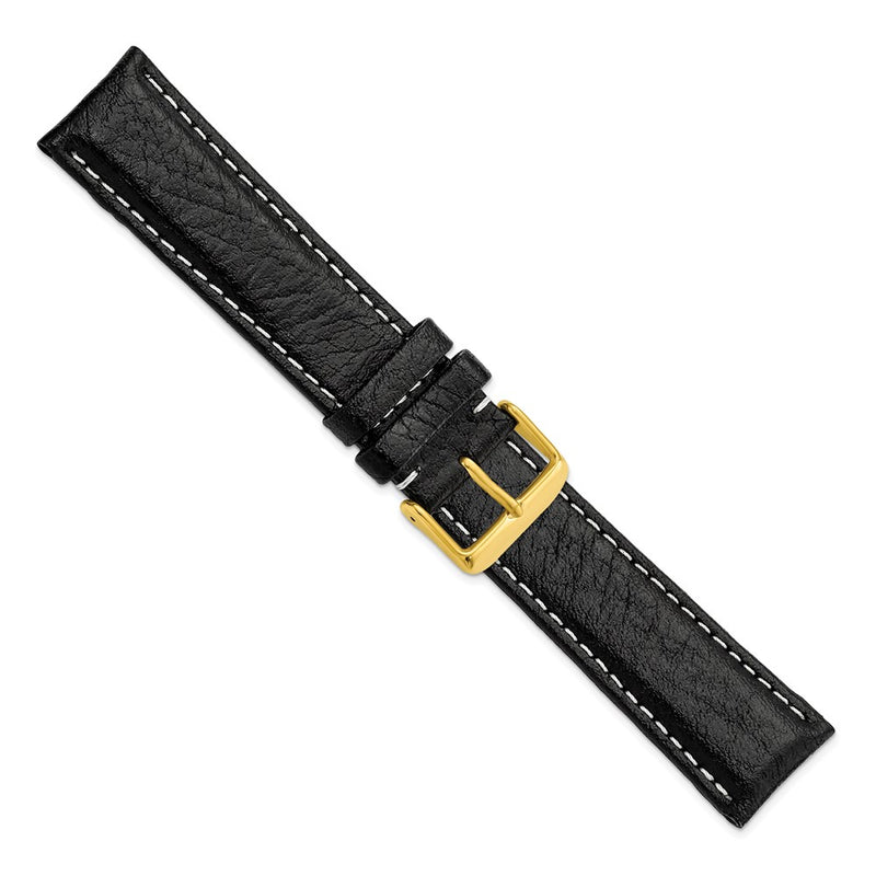 DeBeer 22mm Long Black Sport Leather with White Stitching and Gold-tone Buckle 8.5 inch Watch Band