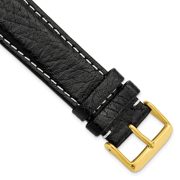 22mm Long Black Sport Leather White Stitch Gold-tone Buckle Watch Band