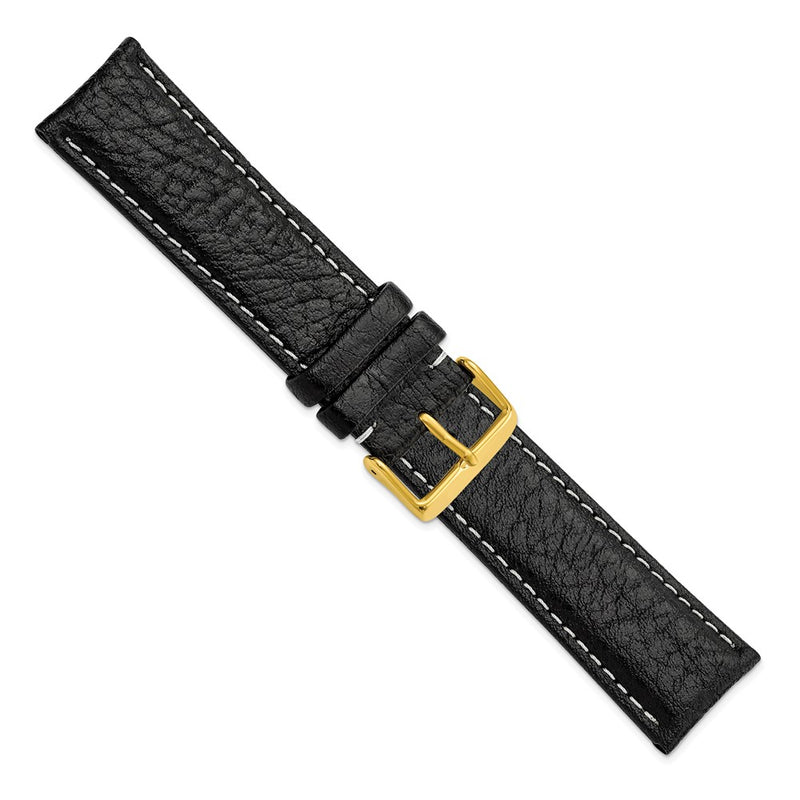 DeBeer 24mm Long Black Sport Leather with White Stitching and Gold-tone Buckle 8.5 inch Watch Band