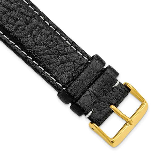 24mm Long Black Sport Leather White Stitch Gold-tone Buckle Watch Band