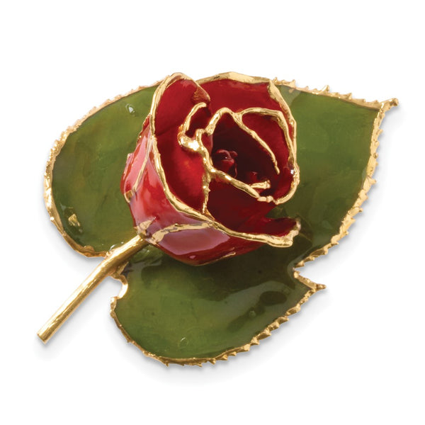 24k Gold-trim Lacquer Dipped Red Rose on Leaf Pin/Boutonniere