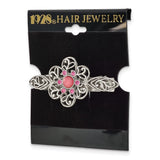 1928 Jewlery Silver-tone Filigree Pink Cabochon and Pink Crystal Flower Hair Barrette