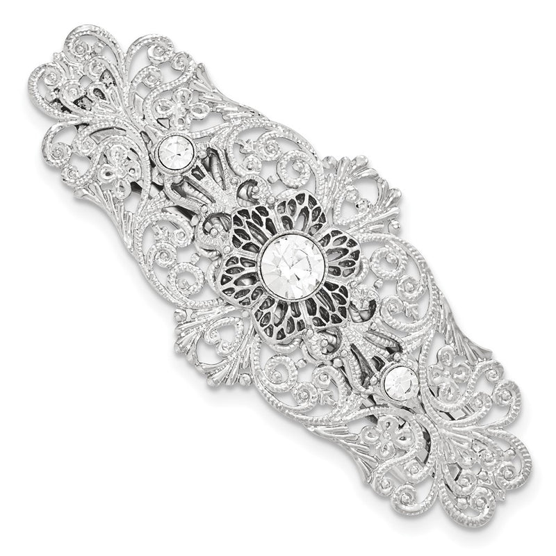 1928 Jewelry Silver-tone Ornate Filigree Clear Crystal Large Hair Barrette