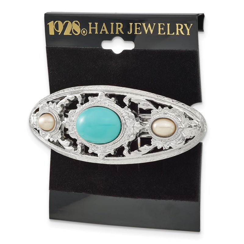 1928 Jewelry Silver-tone Ornate Imitation Pearl and Turquoise Acrylic Stone Hair Barrette