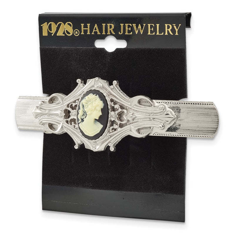 1928 Jewelry Silver-tone Ornate Black Acrylic Cameo Hair Barrette