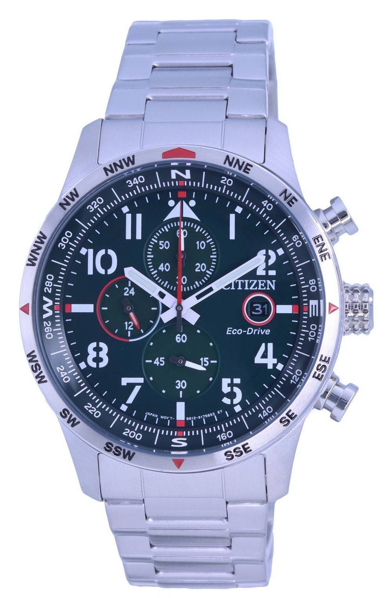 Citizen Aviator Eco-Drive Chronograph Stainless Steel Green Dial CA0791-81X 100M Men's Watch