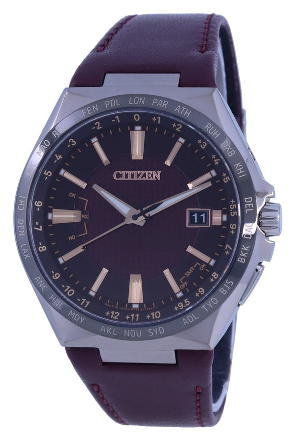 Citizen Attesa World Time Burgundy Dial Leather Strap Eco-Drive CB0216-07W 100M Men's Watch