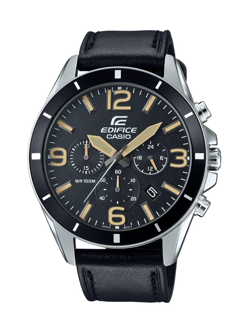 Casio Men's 'Edifice' Quartz Stainless Steel and Leather Watch Color:Black