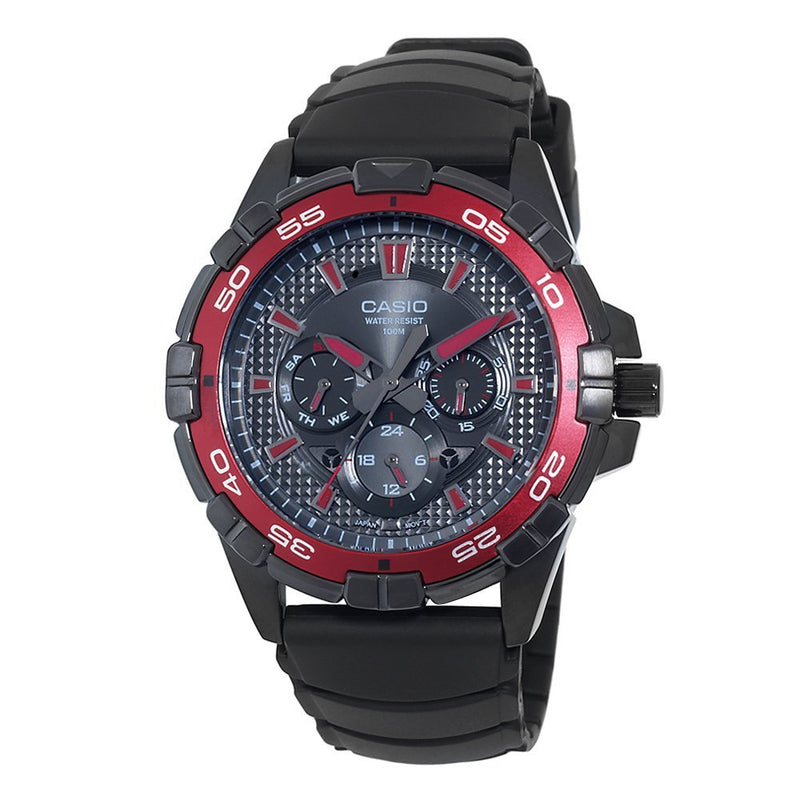 Casio Men's MTD1069B-1A2 Round Analog Black and Red Dial and Black Resin Strap Watch