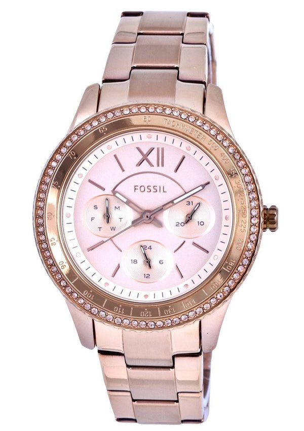 Fossil Stella Sport Tachymeter Crystal Accents Rose Gold Tone Dial Quartz ES5106 Women's Watch