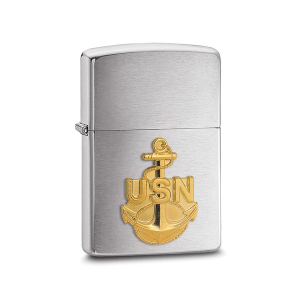 Zippo Gold-tone U.S. Navy Anchor Emblem Brushed Chrome Lighter