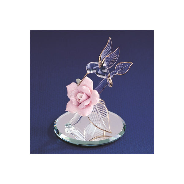 Hummingbird and Pink Porcelain Rose Handcrafted Glass Figurine
