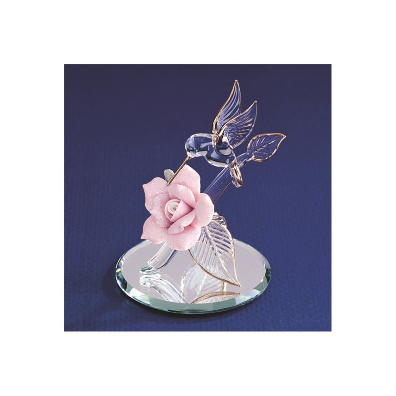 Hummingbird and Pink Porcelain Rose Handcrafted Glass Figurine