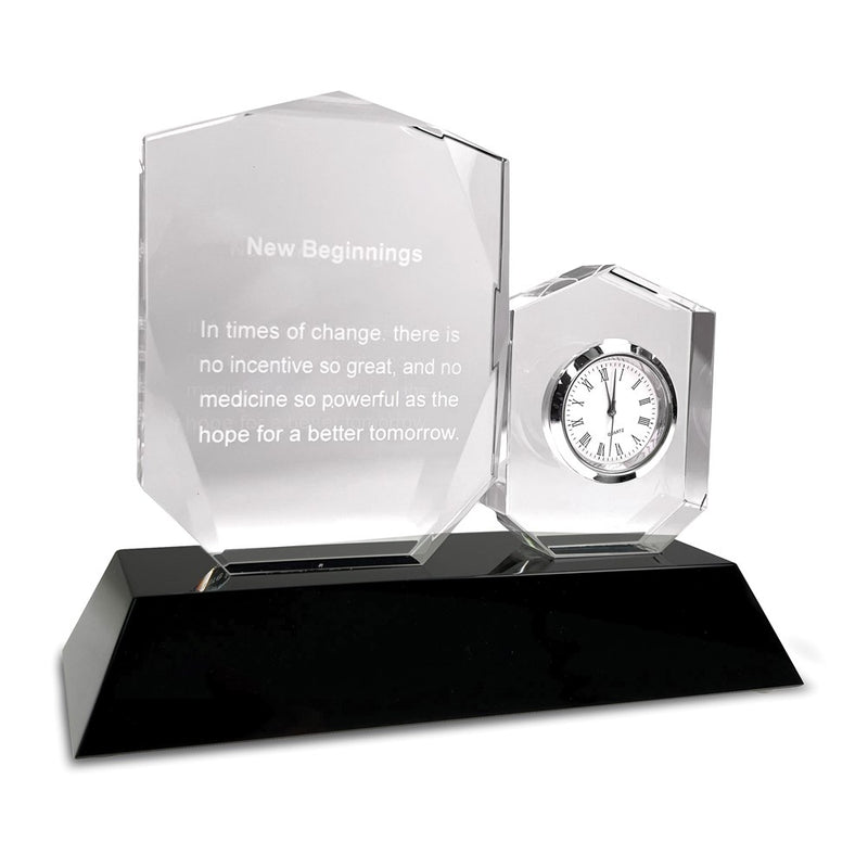 New Beginnings Crystal Inspirational Desk Clock with Mahogany Finish Wood Base