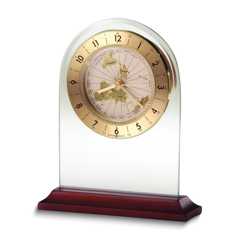 Howard Miller World Time Arch Glass with Satin Rosewood Finish Base Quartz Table Clock