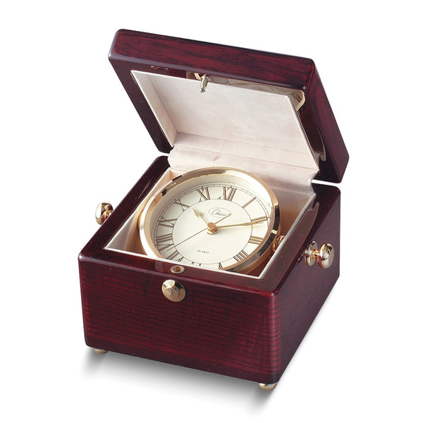 Mahogany Finished Wood Treasure Chest Swivel Captains Clock with Engraving Plate