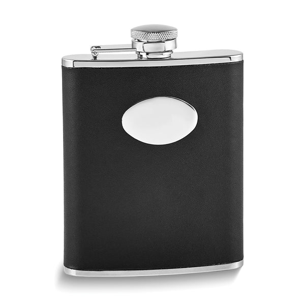 Rebel Steel Black Genuine Leather Covered Stainless Steel 6 ounce Hip Flask with Funnel and Oval Engraving Area