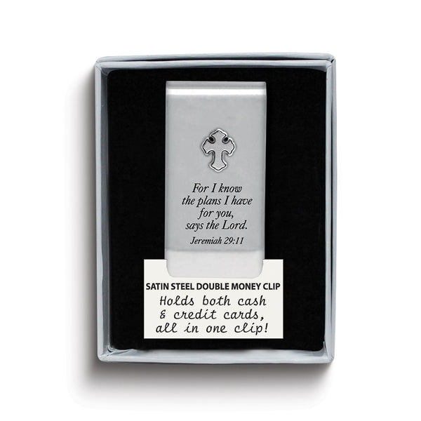 Satin Steel FOR I KNOW THE PLANS I HAVE FOR YOU. Double Money Clip with Cross