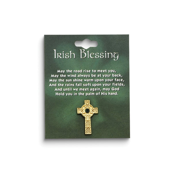 Gold-tone Celtic Cross Irish Blessing with Green Stone Lapel Pin