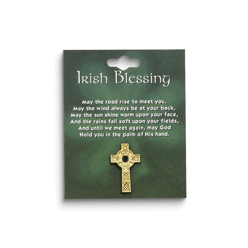 Gold-tone Celtic Cross Irish Blessing with Green Stone Lapel Pin