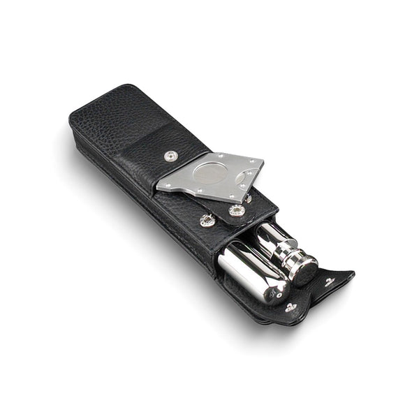 Stainless Flask and Cigar Case with Cutter In Black Leather Case